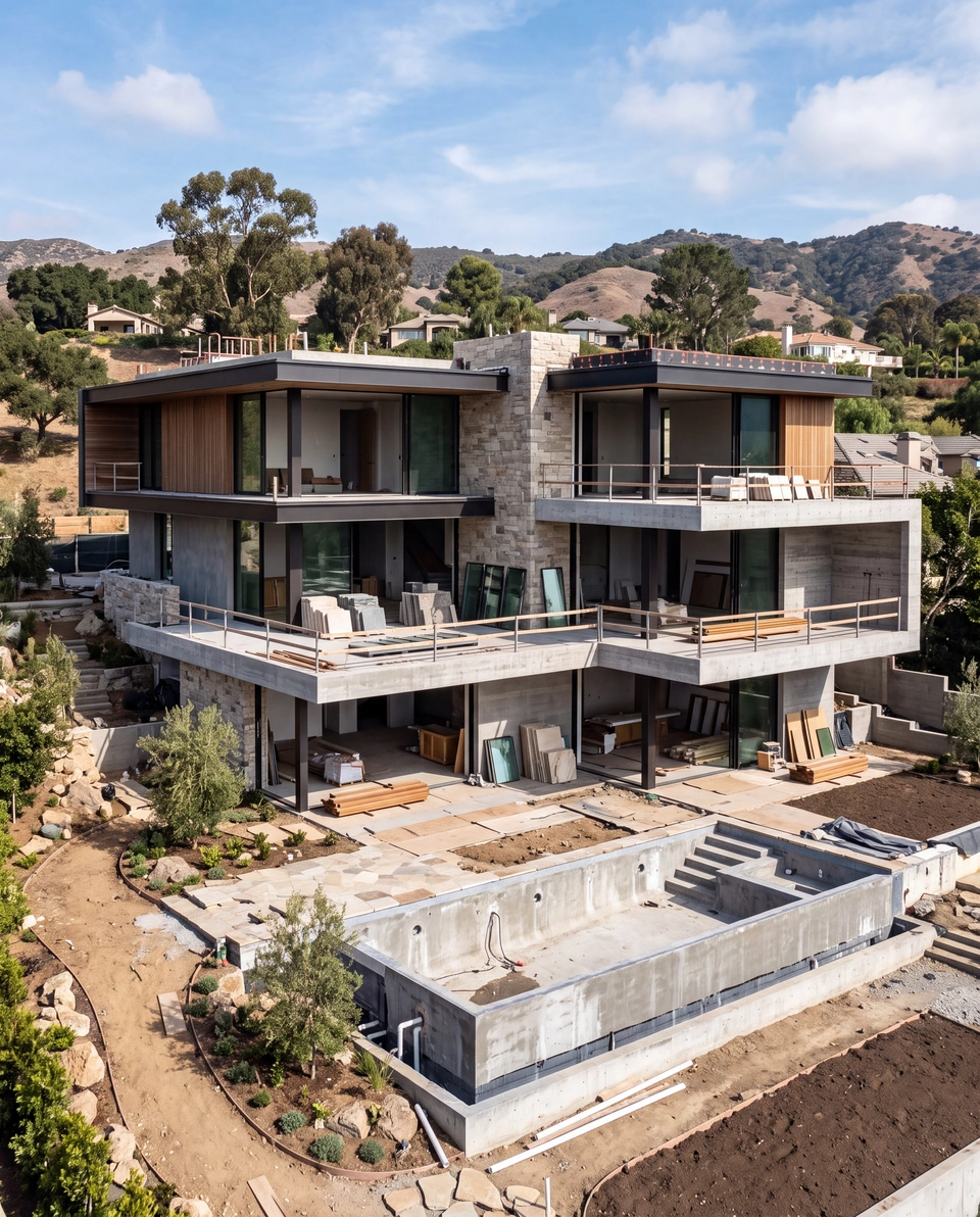 A modern hillside villa under construction: poured concrete floors and cantilevered balconies, stone and timber cladding going on, glass panels stacked on the deck, and an unfinished pool shell in the foreground.