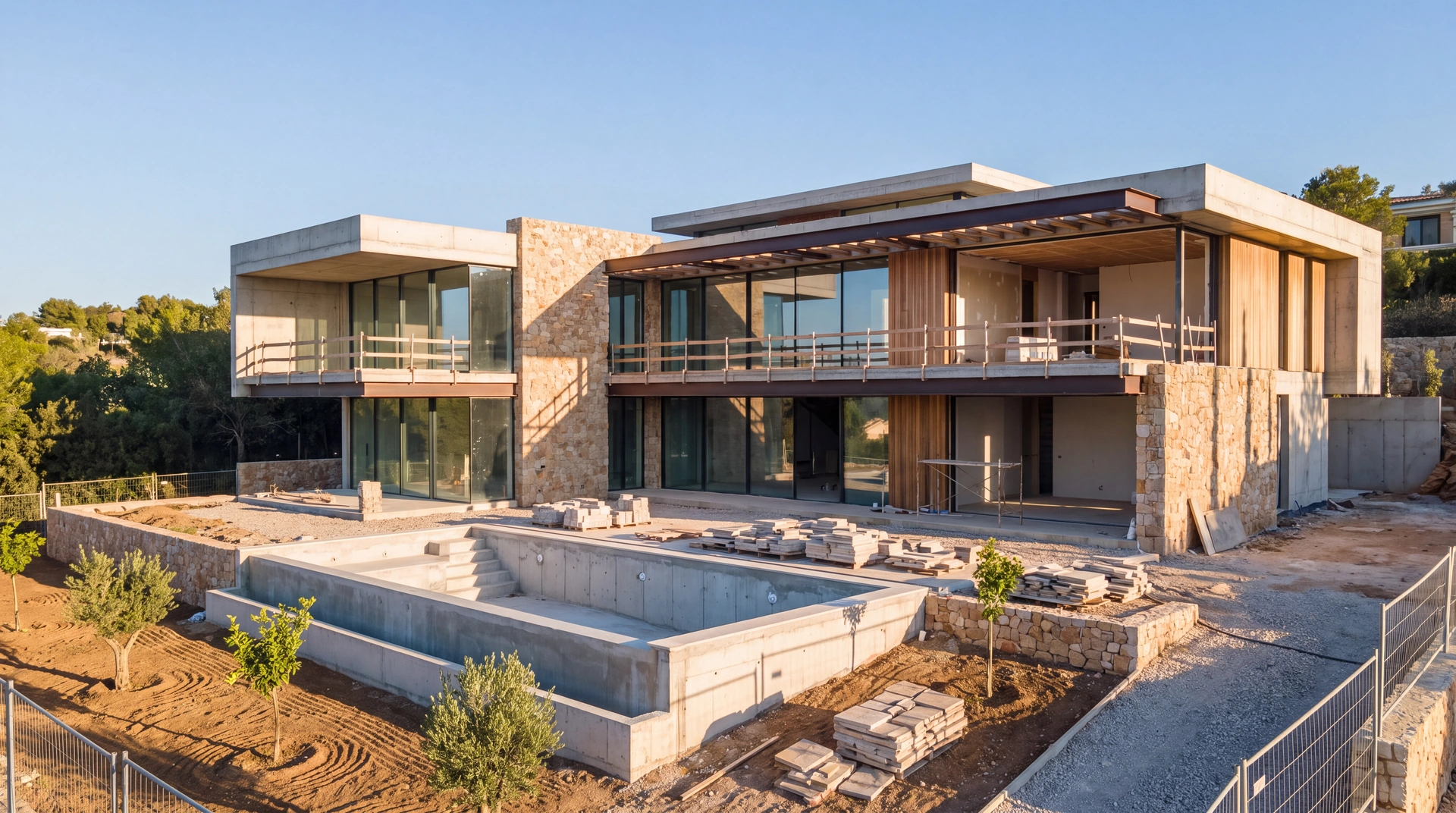 A villa under construction in morning light: concrete floors and stone walls up, timber soffits in, an unfinished pool and stacked paving in the foreground.