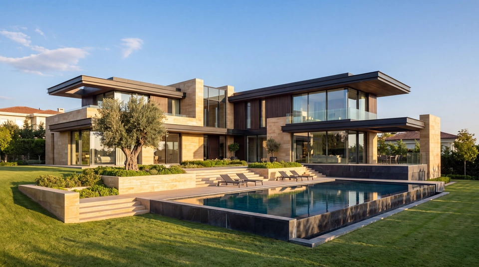 Villa Aurelia: a long stone and timber house stepping down a lawn to a dark-tiled pool.