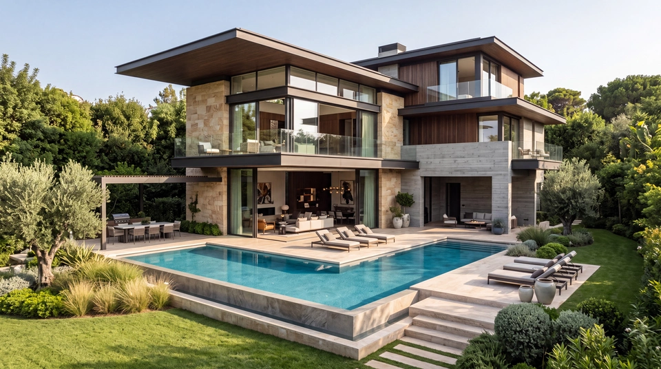 Villa Elysian: a three-storey house in pale stone and dark timber, its terrace opening onto a pool ringed by olive trees.
