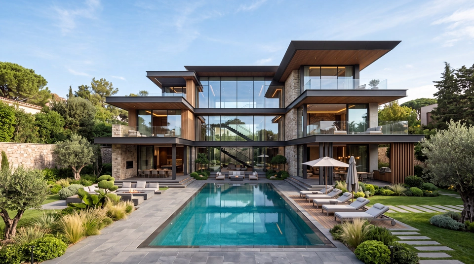 Villa Nocturne: stacked glazed volumes under deep eaves, a pool running the length of the terrace.