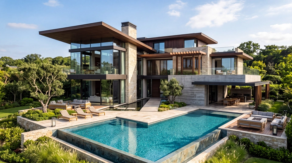 Villa Solara: a glass corner living room over a stone base, with loungers along a wide pool terrace.