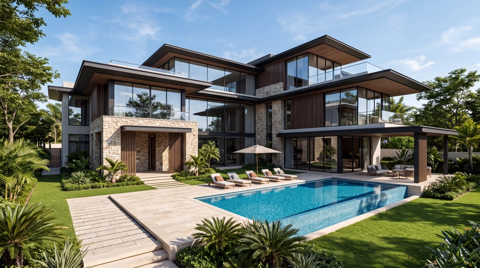 Villa Virelle: a broad timber-clad house behind palms, with a pool and paved walk leading to the entrance.